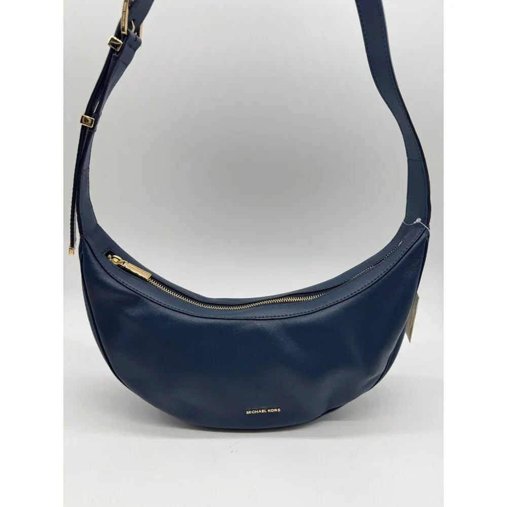 MICHAEL KORS Avra leather crescent sling shoulder bag- Navy